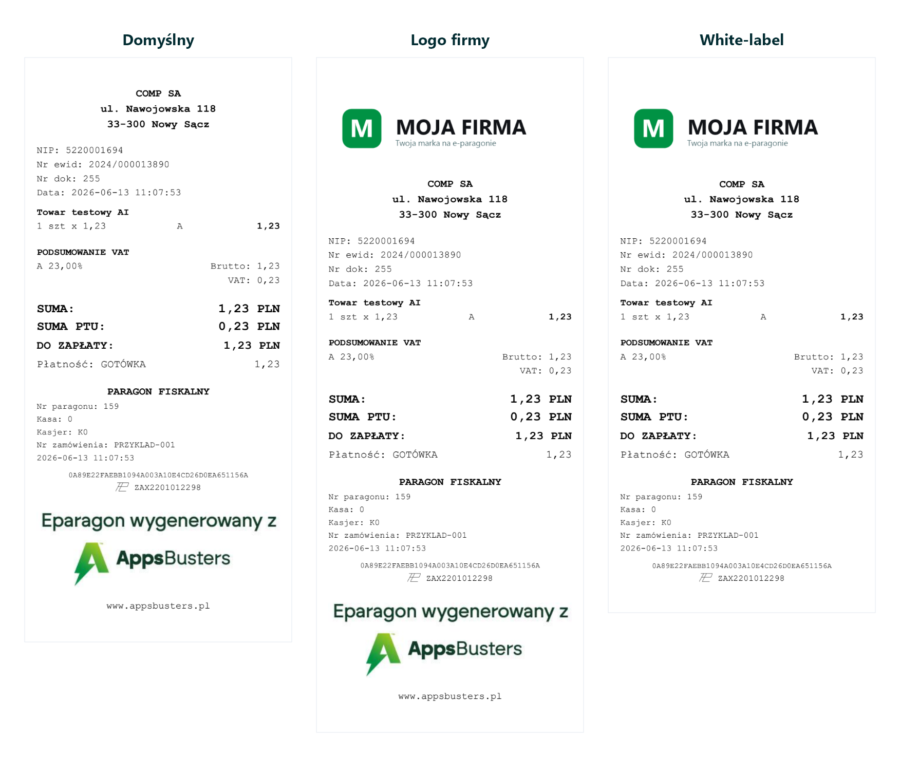 Trzy wersje e-paragonu: domyślna, z logo firmy oraz white-label