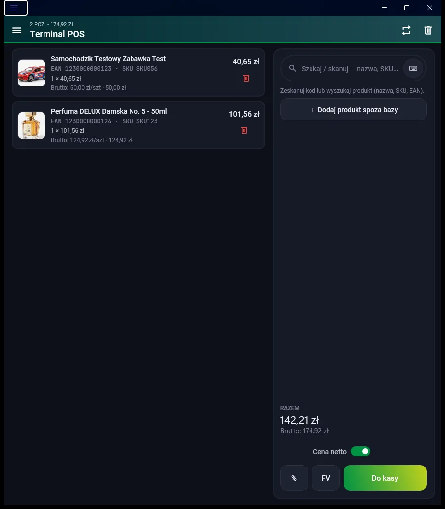 Terminal POS dla Sellasist — koszyk sprzedaży z pozycjami i sumą do zapłaty